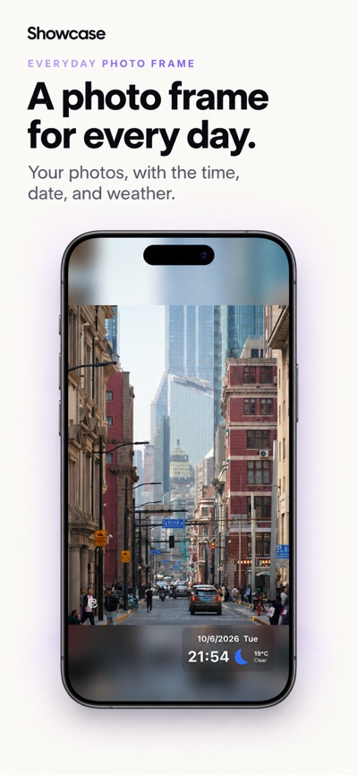 A photo playing full screen with the time, date and weather