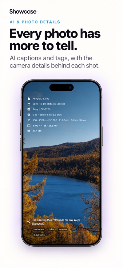 Photo details and an AI caption with tags